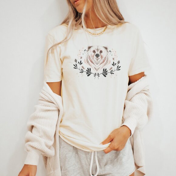 bear floral graphic nature shirt unique animal art tee neutral cream color - Picture 3 of 6